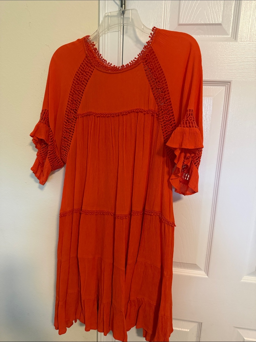 Patrons of Peace Orange Red Boho Crochet-Tiered Mini Dress